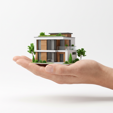 An open hand holding a small modern house with trees around it, representing a rental portfolio kept under control in one place