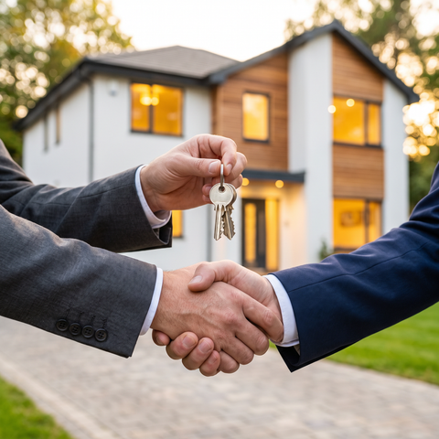 Handing over house keys to a new tenant in front of a modern house, the moment a properly screened tenancy begins