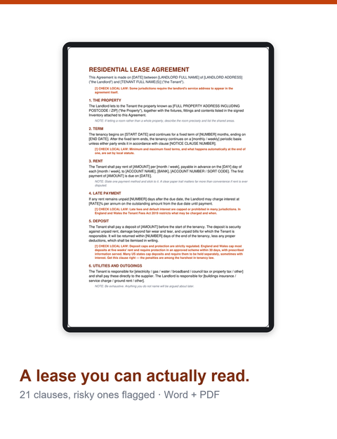 Residential Lease Agreement Template on a tablet with the caption: a lease you can actually read. 21 clauses, risky ones flagged, Word and PDF