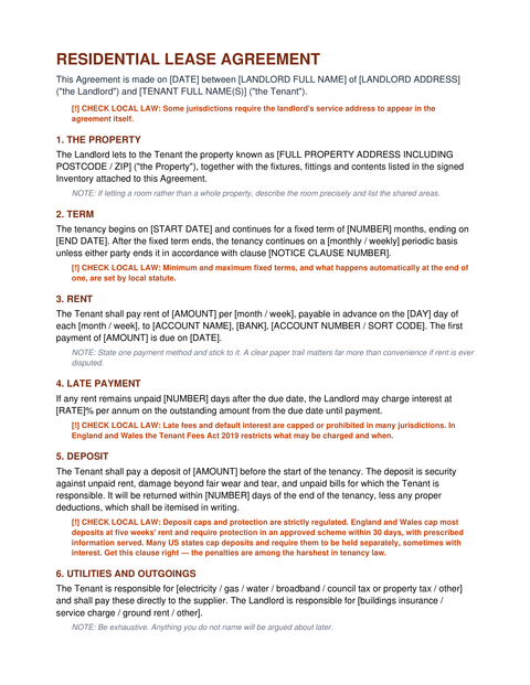Lease agreement clauses one to six with fill-in brackets and orange CHECK LOCAL LAW flags on term, late payment and deposit