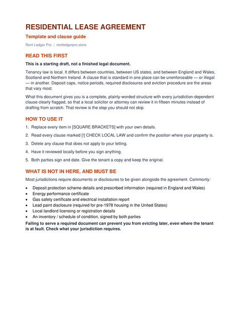 Cover page explaining how to use the template and listing documents that must be served alongside the agreement