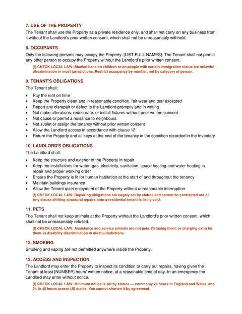 Tenant and landlord obligations, pets, smoking and access clauses with jurisdiction warnings