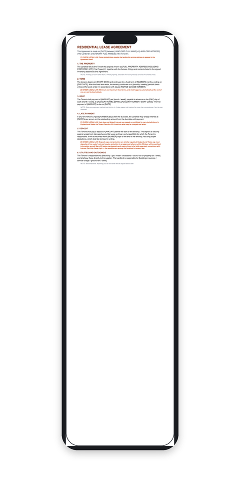 The lease agreement open on a phone, showing it reads cleanly on mobile as well as in print