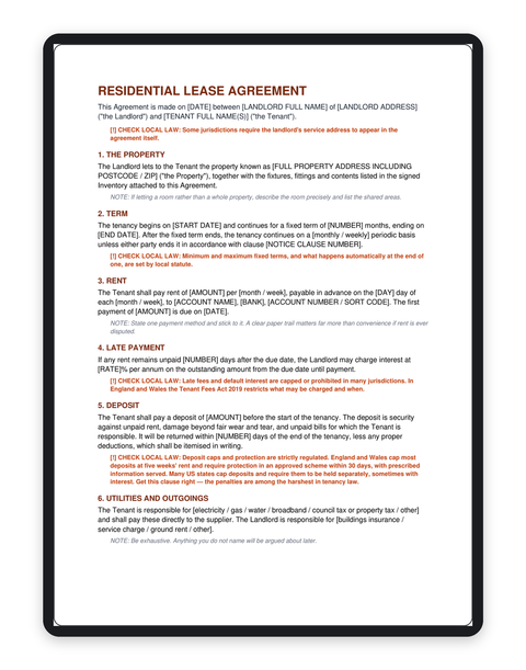 Residential Lease Agreement Template shown on a tablet, with fill-in brackets and orange CHECK LOCAL LAW flags on the clauses that vary by jurisdiction